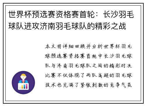 世界杯预选赛资格赛首轮：长沙羽毛球队进攻济南羽毛球队的精彩之战